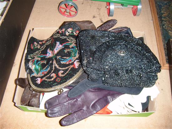 Collection of leather ladies gloves & 2 bead bags